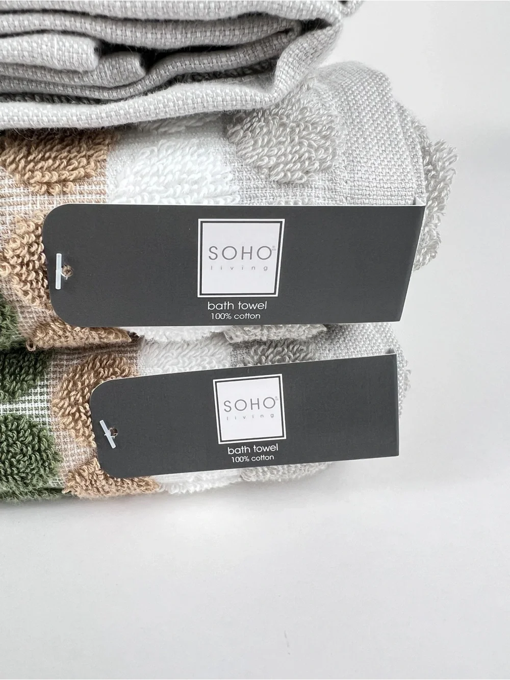 Soho Living Bath Towel Set Dots and Stripes Green Tan White 100% Cotton 6 Pc NEW